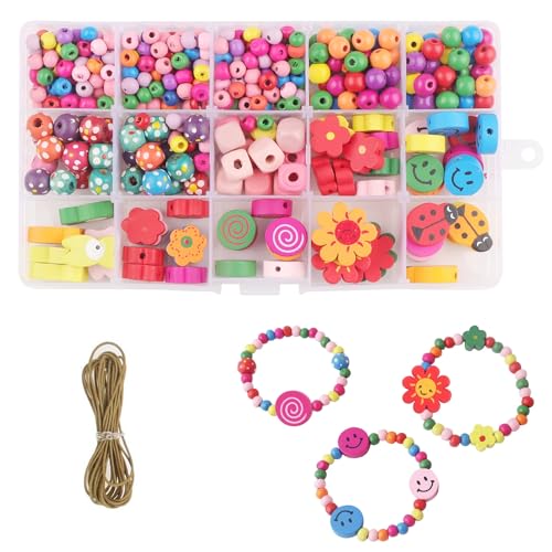 NewZC 400 Stück Handwerk Bunte Holzperlen 11 Arten Bunte Perlen Set Kinder Holzperlen mit Loch zum Auffädeln Bastelperlen Set für DIY Armbänder Schmuck Halsketten für Spielzeug ab 5 Jahre Mädchen von NewZC