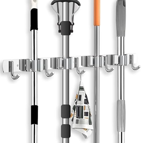 Newaner Besenhalterung Wand Bohren Selbstklebend Edelstahl, Gerätehalter Wandhalterung Metall mit 4 Halter und 5 Haken, Besenhalter, Gartengerätehalter für Küche, Schränke, Bad, Garage, Garten, Silber Newaner Besenhalterung Wand Bohren Selbstklebend Edelstahl, Gerätehalter Wandhalterung Metall mit 4 Halter und 5 Haken, Besenhalter, Gartengerätehalter für Küche, Schränke, Bad, Garage, Garten, Silber von Newaner