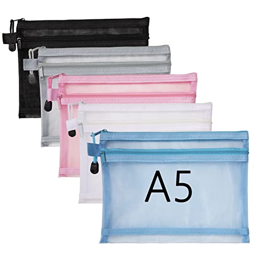 A5 Dokumententasche Doppelschicht Mesh Reißverschlusstasche Transparent Zipper Tasche für Datei, Papier, Dokumente, Kosmetika und Reisezubehör 5 Stück (5 Farben) von Newellsail