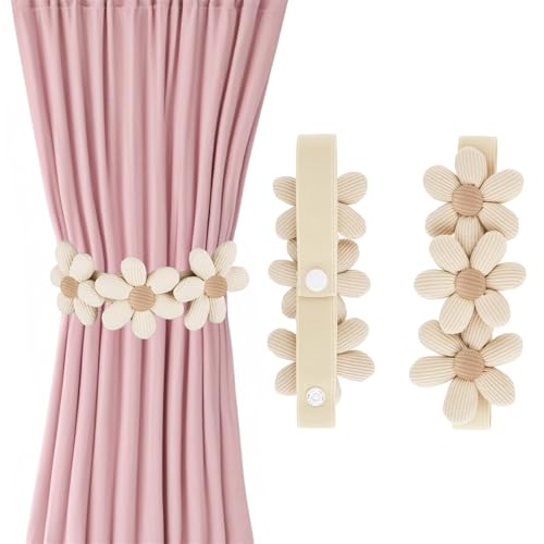 2 Stück Vorhang Raffhalter, Blumen Gardinen Raffhalter Süße Boho Dekorative Vorhanghalter Elastisch Vorhang Halter mit Verstellbaren Riemen Gardinen Seil für Haus Büro Kinderzimmer (Beige) von Newhope