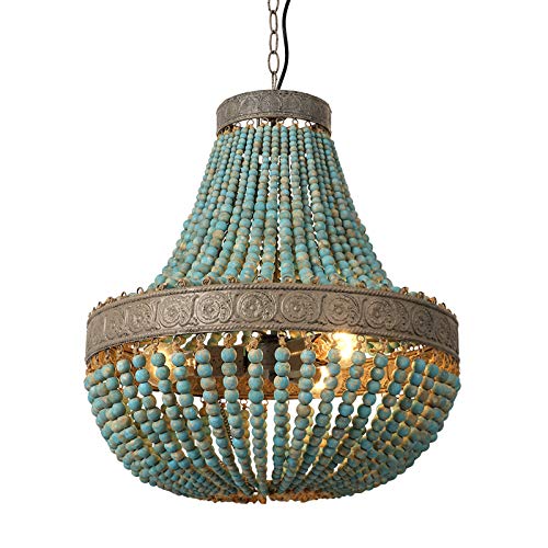 Newrays Holzperle Kronleuchter Anhänger Drei Lichter Grau Weiß Finishing Retro Vintage Antique Rustikale Küche Deckenleuchte Leuchten (Blue2#) von Newrays
