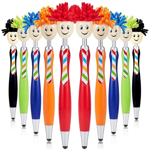 Newtic 10 Stück Kugelschreiber,Microfaser Bildschirmreiniger Stifte Mop Head Topper Stifte Lustige Kugelschreiber mit Stylus-Spitzen für Kinder Erwachsene von Newtic