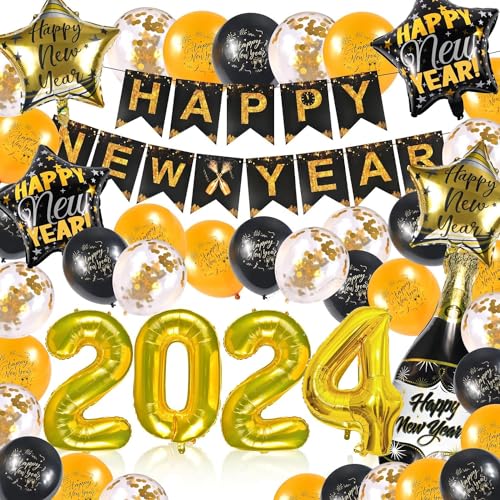 Silvester Deko 2024, Schwarz Gold Neujahr Deko 2024 Happy New Year Banner, 2024 Folienballon Konfetti Luftballons, 2024 Foto Requisite Party Dekoration Set, Glitzer Vorhänge für Silvesterparty von Newtic