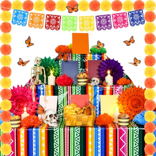 Newwiee 79-teiliges Altar-Dekorationsset für Tag der Toten, Ringelblumen-Girlande, Papierfächer, Bilderrahmen, Papierblumen, Schmetterling-Tischdecken, LED-Kerzenbanner für Dia de Muertos, Altar Newwiee 79-teiliges Altar-Dekorationsset für Tag der Toten, Ringelblumen-Girlande, Papierfächer, Bilderrahmen, Papierblumen, Schmetterling-Tischdecken, LED-Kerzenbanner für Dia de Muertos, Altar von Newwiee