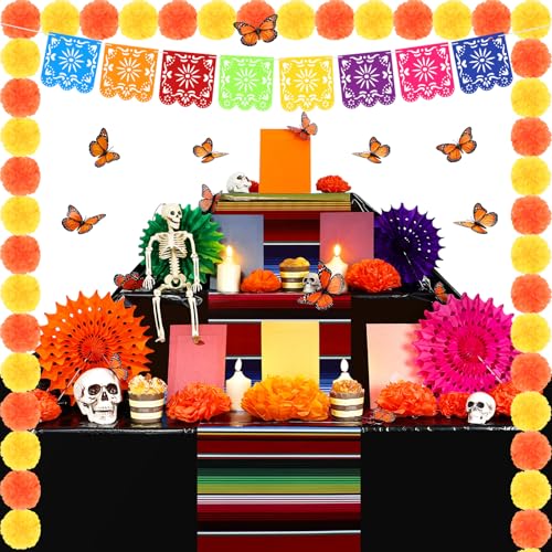 Newwiee 79-teiliges Altar-Dekorationsset für Tag der Toten, Ringelblumen-Girlande, Papierfächer, Bilderrahmen, Papierblumen, Schmetterling-Tischdecken, LED-Kerzenbanner für Dia de Muertos, Altar Newwiee 79-teiliges Altar-Dekorationsset für Tag der Toten, Ringelblumen-Girlande, Papierfächer, Bilderrahmen, Papierblumen, Schmetterling-Tischdecken, LED-Kerzenbanner für Dia de Muertos, Altar von Newwiee