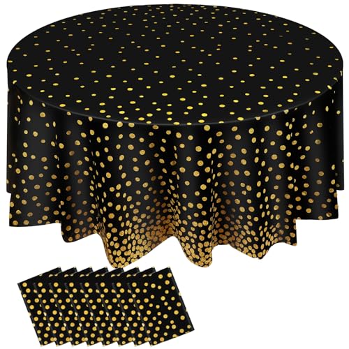 Newwiee 8 Stück runde Einweg-Tischdecken aus Kunststoff mit Punkten für Dekoration von Partys, Hochzeiten, Brautpartys, Geburtstagen, Abschlussfeiern (Schwarz und Gold) von Newwiee