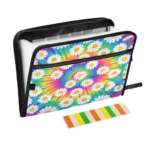 Akkordeon-Aktenordner, Batikmuster, Blumenmuster, Regenbogen, 13 Fächer, erweiterbarer Aktenordner mit Etiketten, Rechnungen, Quittungen, Dokumentenhalter von Nexawaveo