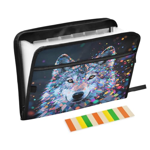 Akkordeon-Aktenordner, geometrischer Wolf, 13 Fächer, erweiterbar, mit Etiketten, Rechnungen, Quittungen, Dokumentenhalter von Nexawaveo