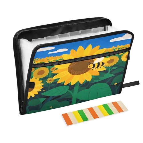 Akkordeon-Aktenordner mit 13 Fächern, erweiterbar, mit Etiketten, für Rechnungen, Quittungen, Dokumente, Cartoon-Sonnenblumen, Blau von Nexawaveo