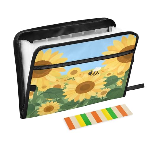Akkordeon-Aktenordner mit 13 Fächern, erweiterbar, mit Etiketten, für Rechnungen, Quittungen, Dokumente, Cartoon-Sonnenblumen, Hellblau von Nexawaveo