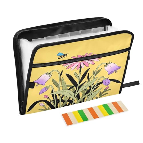 Akkordeon-Aktenordner mit Cartoon-Blume, Biene, Gelb, 13 Fächer, erweiterbarer Aktenordner mit Etiketten, Rechnungen, Quittungen, Dokumentenhalter von Nexawaveo