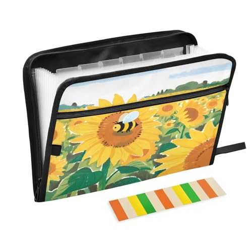Akkordeon-Aktenordner mit Cartoon-Sonnenblumen-Motiv, 13 Fächer, erweiterbar, mit Etiketten, Rechnungen, Quittungen, Dokumentenhalter von Nexawaveo