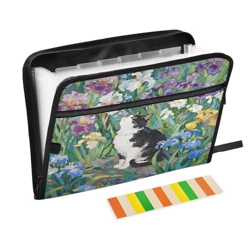 Akkordeon-Aktenordner mit Katzen-Blumenmuster, 13 Fächer, erweiterbar, mit Etiketten, Rechnungen, Quittungen, Dokumentenhalter von Nexawaveo