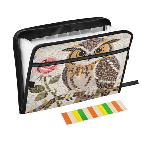 Akkordeon-Aktenordner mit Mosaik-Eule, Blumenmuster, 13 Fächer, erweiterbar, mit Etiketten, Rechnungen, Quittungen, Dokumentenhalter von Nexawaveo
