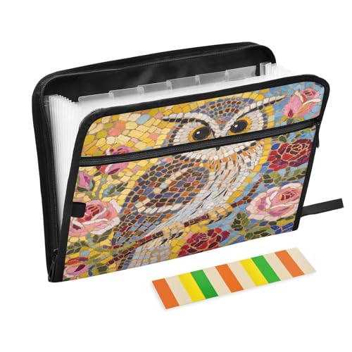 Akkordeon-Aktenordner mit Mosaik-Eule, buntes Blumenmuster, 13 Fächer, erweiterbar, mit Etiketten, Rechnungen, Quittungen, Dokumentenhalter von Nexawaveo