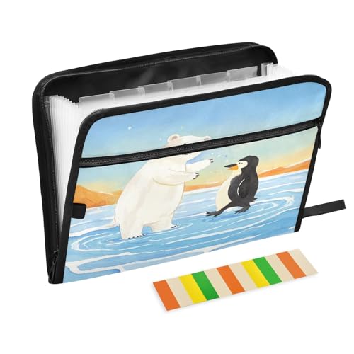 Akkordeon-Aktenordner mit Winter-Eisbär und Pinguin, 13 Fächer, erweiterbar, mit Etiketten, Rechnungen, Quittungen, Dokumentenhalter von Nexawaveo