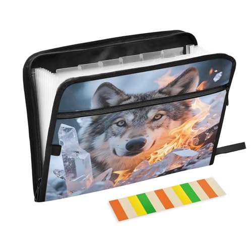 Akkordeon-Aktenordner mit Wolfsgesicht, 13 Fächer, erweiterbarer Aktenordner mit Etiketten, Rechnungen, Quittungen, Dokumentenhalter von Nexawaveo