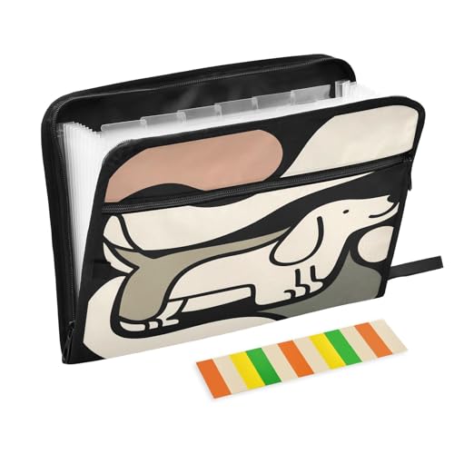 Akkordeon-Aktenordner mit abstraktem Hund, 13 Fächer, erweiterbar, mit Etiketten, Rechnungen, Quittungen, Dokumentenhalter, Schwarz von Nexawaveo