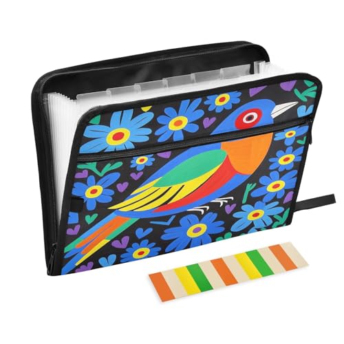Akkordeon-Aktenordner mit buntem Vogel unter blauen Blumen, 13 Fächer, erweiterbar, mit Etiketten, Rechnungen, Quittungen, Dokumentenhalter Akkordeon-Aktenordner mit buntem Vogel unter blauen Blumen, 13 Fächer, erweiterbar, mit Etiketten, Rechnungen, Quittungen, Dokumentenhalter von Nexawaveo