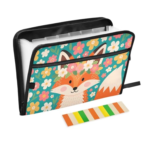 Akkordeon-Aktenordner mit niedlichem Fuchs-Blumenmuster, 13 Fächer, erweiterbar, mit Etiketten, Rechnungen, Quittungen, Dokumentenhalter von Nexawaveo