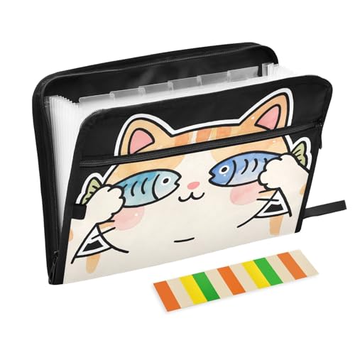 Akkordeon-Aktenordner mit niedlicher Katze und Fisch, 13 Fächer, erweiterbar, mit Etiketten, Rechnungen, Quittungen, Dokumentenhalter von Nexawaveo