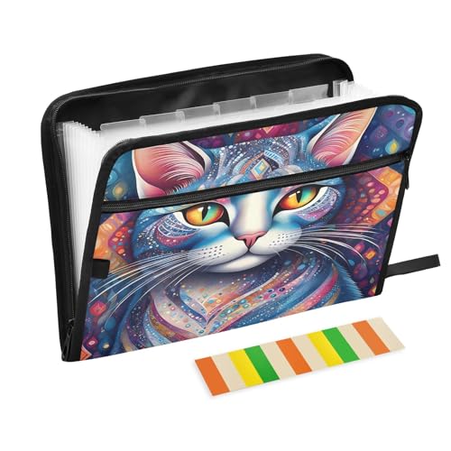 Akkordeon-Aktenordner mit psychedelischem Katzenmuster, 13 Fächer, erweiterbar, mit Etiketten, Rechnungen, Quittungen, Dokumentenhalter Akkordeon-Aktenordner mit psychedelischem Katzenmuster, 13 Fächer, erweiterbar, mit Etiketten, Rechnungen, Quittungen, Dokumentenhalter von Nexawaveo