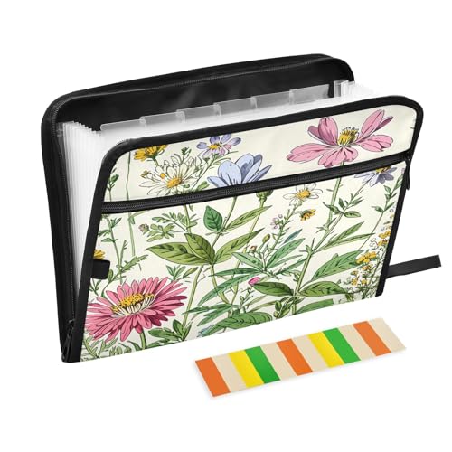 Akkordeon-Dokumenten-Organizer mit 13 Fächern, Motiv: Botanische Blumen, weiß, erweiterbar, mit Reißverschluss, für Arbeit und Zuhause von Nexawaveo