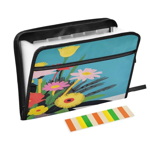 Akkordeon-Dokumenten-Organizer mit 13 Fächern, buntes Blumenmuster, blau, mit Reißverschluss, für Arbeit und Zuhause von Nexawaveo