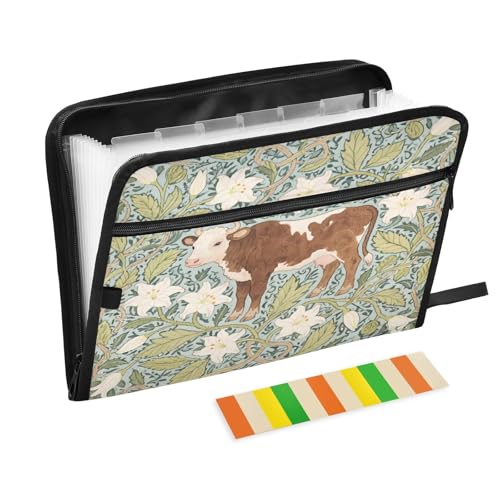 Aktenordner im Jugendstil, Kuh, leicht, erweiterbar, mit Reißverschluss, 13 Taschen, Akkordeon-Dokumenten-Organizer für Arbeit und Zuhause von Nexawaveo