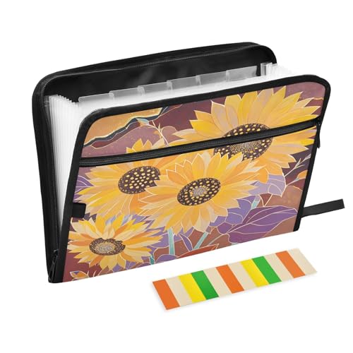 Artistic Akkordeon-Dokumenten-Organizer mit Sonnenblumen-Motiv, erweiterbar, mit Reißverschluss, 13 Fächer, Braun von Nexawaveo