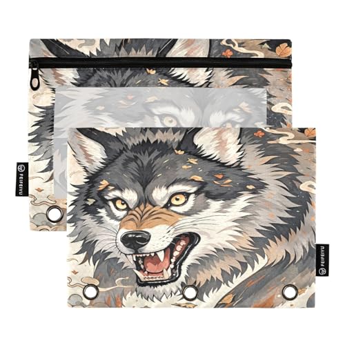 Artistic Wolf neutrales Federmäppchen-Set für 3-Ringbücher, glatter Reißverschluss mit transparentem PVC-Fenster, Federmäppchen für Schulbedarf, 2 Stück von Nexawaveo