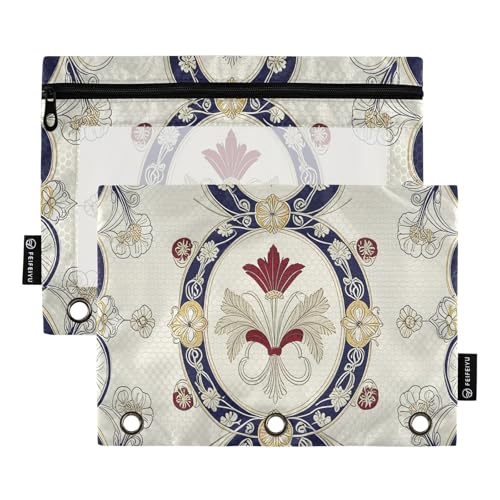 Aufwendiges Federmäppchen mit ovalem Motiv, Beige, 2 Stück, für 3-Ringbuch, glatter Reißverschluss mit transparentem PVC-Fenster, Federmäppchen für Schulbedarf von Nexawaveo
