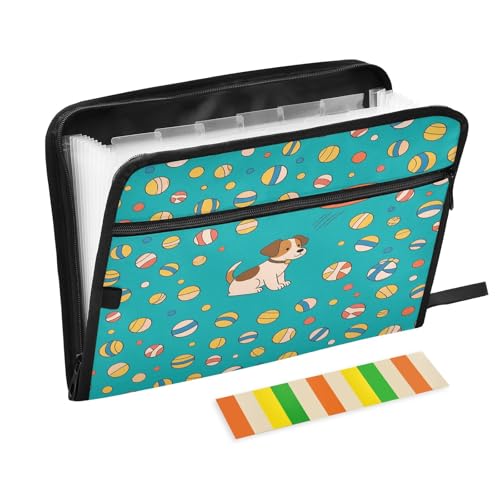 Bälle Dokumentenmappe mit süßem Hund, erweiterbarer Reißverschluss, 13 Taschen, Akkordeon-Dokumenten-Organizer für Arbeit und Zuhause, Blaugrün von Nexawaveo