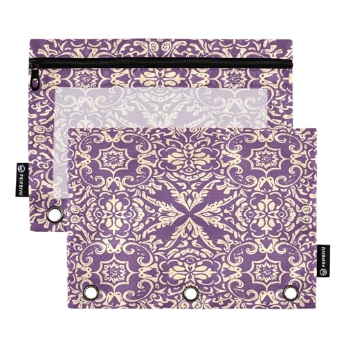 Barockes Federmäppchen mit violettem und cremefarbenem Muster, 2 Stück, für 3-Ringbücher, glatter Reißverschluss mit transparentem PVC-Fenster, Federmäppchen für Schulbedarf von Nexawaveo