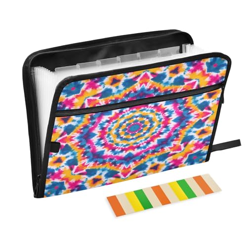 Batik-Mandala, blau, rot, gelb, 13 Fächer, Fächermappe mit Etiketten, A4, Dokumenten-Organizer mit Reißverschluss von Nexawaveo