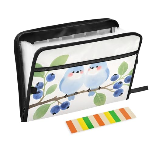 Birds and Blueberries Fächermappe mit 13 Fächern, mit Etiketten, A4, Dokumenten-Organizer mit Reißverschluss von Nexawaveo