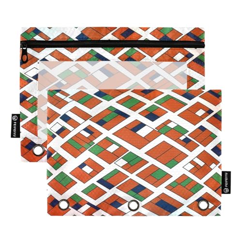 Blocky Grid Federmäppchen-Set für 3-Ringordner, glatter Reißverschluss mit transparentem PVC-Fenster, orange-grün, 2 Stück von Nexawaveo