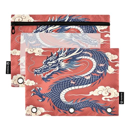 Blue Dragons Federmäppchen-Set für 3-Ringbuch, glatter Reißverschluss mit transparentem PVC-Fenster, Federmäppchen für Schulbedarf, Rot, 2 Stück von Nexawaveo