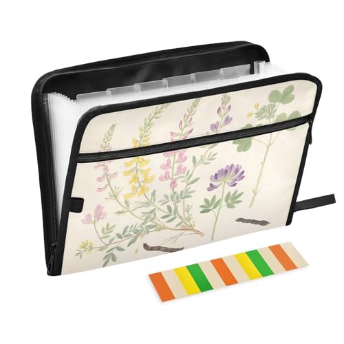Botanical Wildflowers Fächermappe mit 13 Fächern, mit Etiketten, A4, Dokumenten-Organizer mit Reißverschluss, Beige von Nexawaveo