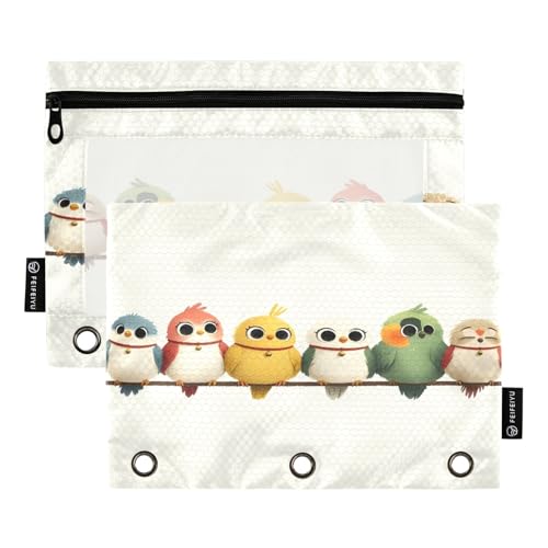 Charming Birds Lineup Federmäppchen-Set für 3-Ringbuch, glatter Reißverschluss mit transparentem PVC-Fenster, Federmäppchen für Schulbedarf, Weiß, 2 Stück von Nexawaveo
