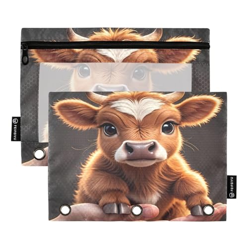 Charming Highland Cow Federmäppchen-Set für 3-Ringbuch, glatter Reißverschluss mit transparentem PVC-Fenster, Federmäppchen für Schulbedarf, 2 Stück von Nexawaveo