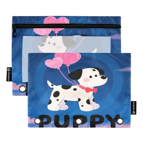 Charming Puppy Bluesky Federmäppchen-Set für 3-Ringbuch, glatter Reißverschluss mit transparentem PVC-Fenster, Federmäppchen für Schulbedarf, 2 Stück von Nexawaveo
