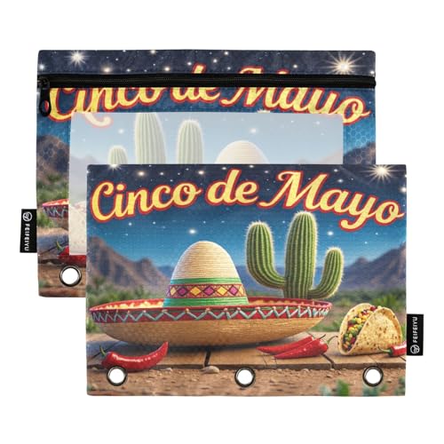 Cinco De Mayo Federmäppchen-Set mit 3 Ringbüchern, glatter Reißverschluss mit transparentem PVC-Fenster, Federmäppchen für Schulbedarf, 2 Stück von Nexawaveo