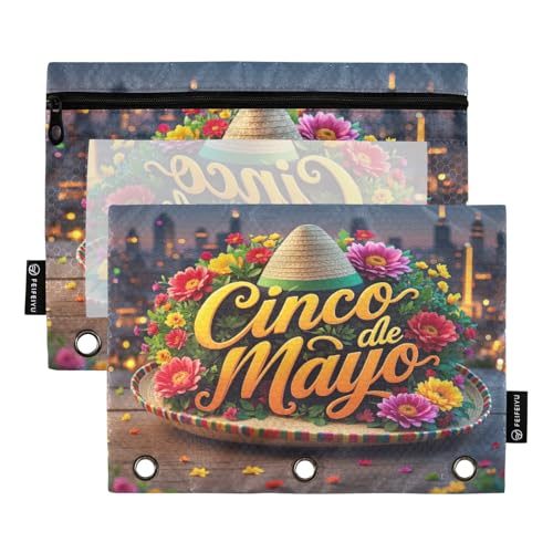Cinco De Mayo Federmäppchen mit Blumenmuster, 2 Stück, für 3-Ringbuch, glatter Reißverschluss, mit transparentem PVC-Fenster, Federmäppchen für Schulbedarf von Nexawaveo