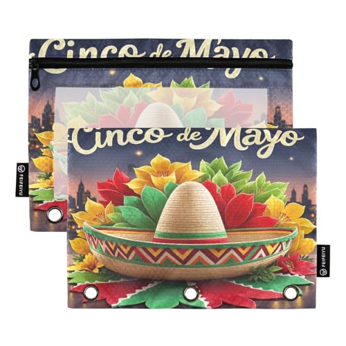 Cinco De Mayo Federmäppchen mit Blumenmuster Sombrero, 2 Stück, für 3-Ringbuch, glatter Reißverschluss mit transparentem PVC-Fenster, Federmäppchen für Schulbedarf von Nexawaveo