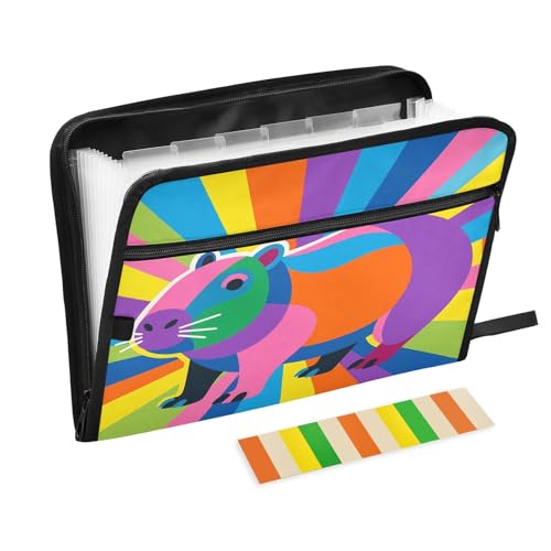 Colorful Capybara Fächermappe mit 13 Fächern und Etiketten, A4, Dokumenten-Organizer mit Reißverschluss von Nexawaveo