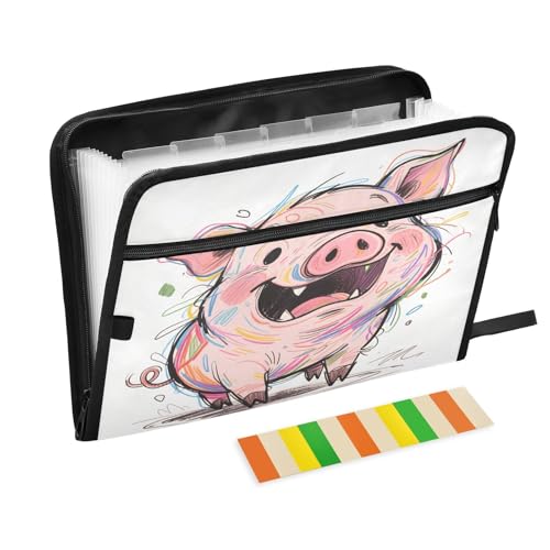 Colorful Pig Akkordeon-Aktenordner, 13 Fächer, erweiterbar, mit Etiketten, Rechnungen, Quittungen, Dokumentenhalter von Nexawaveo