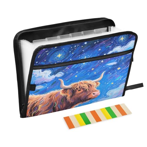 Cosmic Highland Cow Fächermappe mit Reißverschluss, 13 Taschen, Akkordeon-Dokumenten-Organizer für Arbeit und Zuhause von Nexawaveo