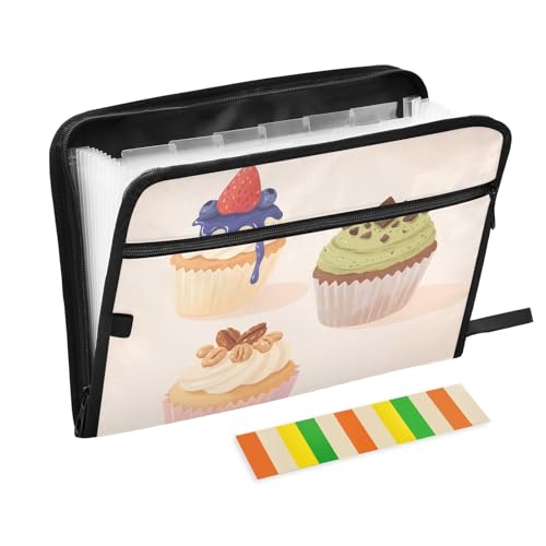 Cupcakes Cartoon-Akkordeon-Aktenordner, 13 Fächer, erweiterbarer Aktenordner mit Etiketten, Rechnungen, Quittungen, Dokumentenhalter von Nexawaveo