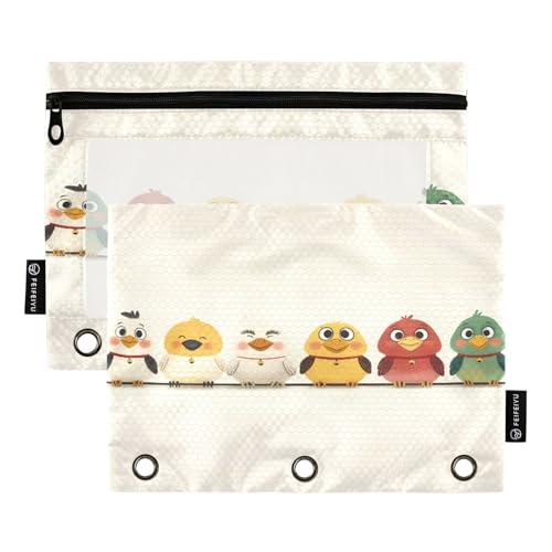 Cute Birds Lineup Federmäppchen-Set für 3-Ringbücher, glatter Reißverschluss mit transparentem PVC-Fenster, Federmäppchen für Schulbedarf, Weiß, 2 Stück von Nexawaveo